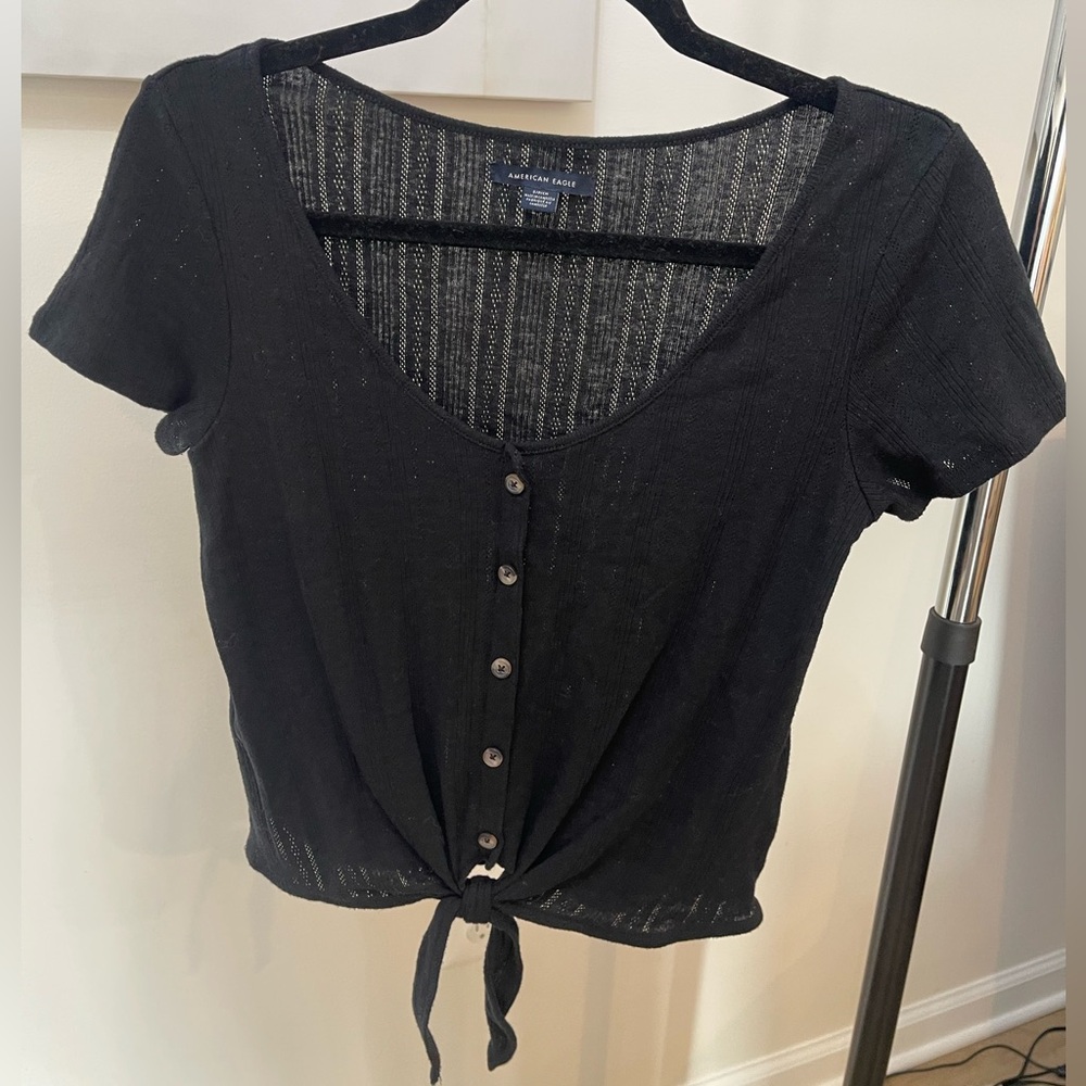American Eagle Outfitters Black Button-Down Tie-Front Top